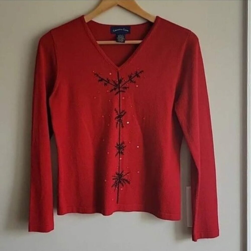 EUC Charter Club Red Snowflake V-Neck Sweater